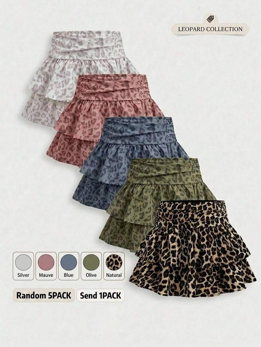 SHEIN Girlism Tween Girl Casual Street Style Vintage Leopard Print Ruched Double Layered Ruffled Hem Cute Mini Casual Skirt, - Multicolor - View 1