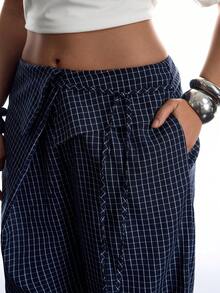 LYSMO Plus Size Fashionable Boho Plaid Wide-Leg Pants For Commuting Beach Vacation Navy Blue Autumn - Navy Blue - View 3