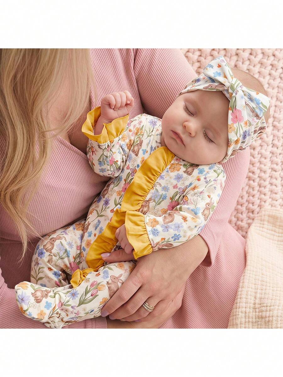 SHEIN 新生男嬰可愛針織休閒卡通圖案連身衣與髮帶套裝 - 芥末黃 - 查看 1