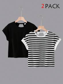 SHEIN KIDS KIDS 青少年女孩 2件套 背後交叉鏤空短袖T恤與圓領落肩上衣，純色/條紋休閒極簡風女裝，夏季日常街頭穿搭通勤套裝，小眾設計短版上衣 - 黑與白 - 查看 7