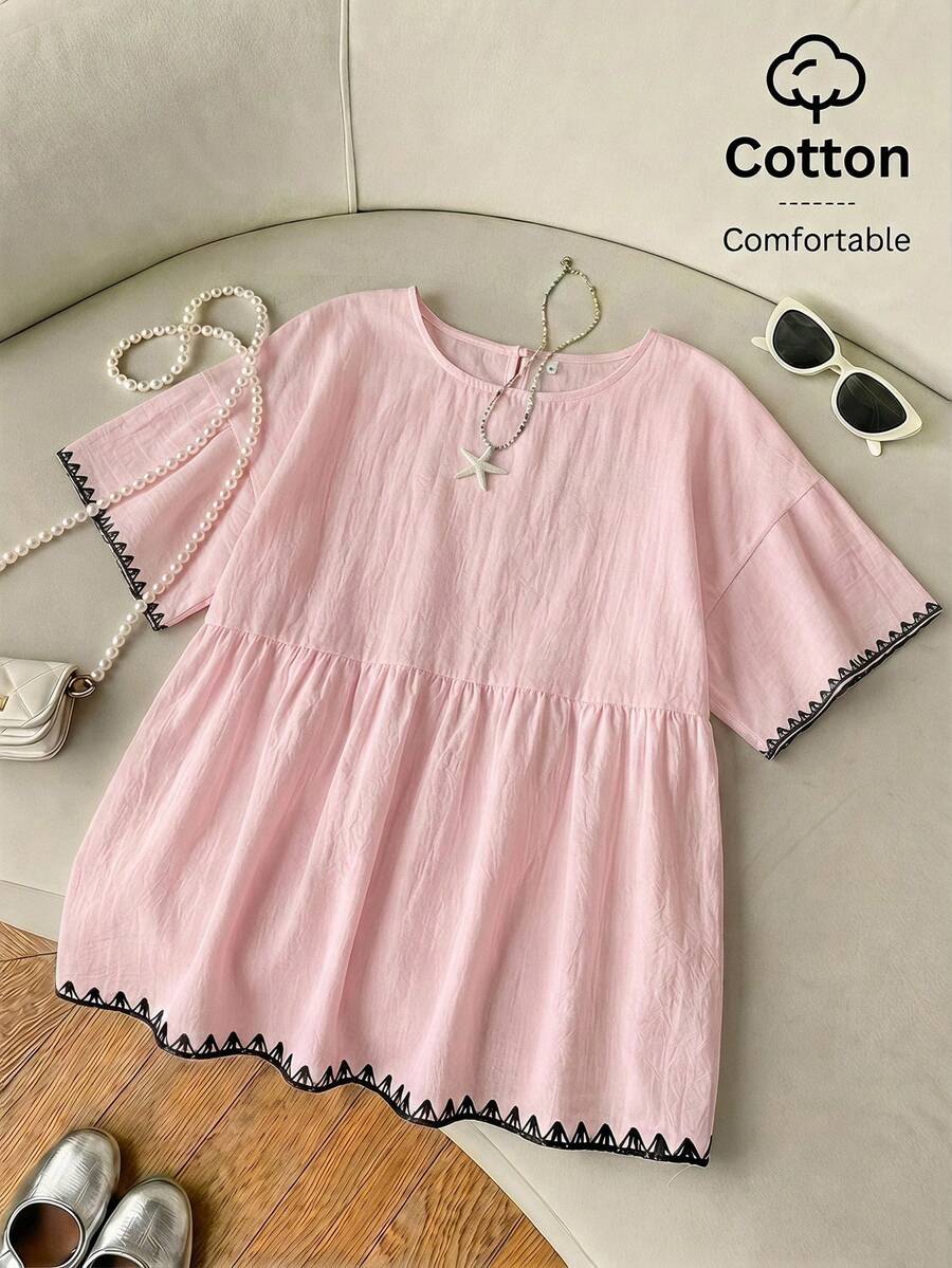 SHEIN EZwear 粉色亞麻編織女款襯衫,貝殼刺繡圖案,適合夏季 - 淺粉色 - 查看 1
