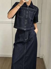 Livesso Damen Kurzarm Top & Denim Rock Set - Königsblau - Übersicht 3