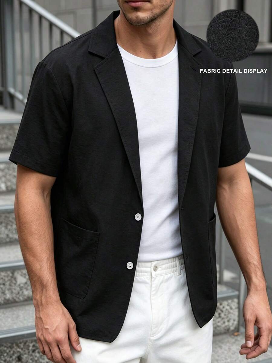 Manfinity CasualCool 男士西裝襯衫，大口袋翻領短袖薄款襯衫 - 黑色 - 查看 1
