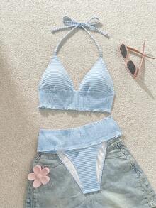 Swim Mod 格紋綁帶可愛海灘度假女款泳衣套裝 - 薄荷藍 - 查看 2