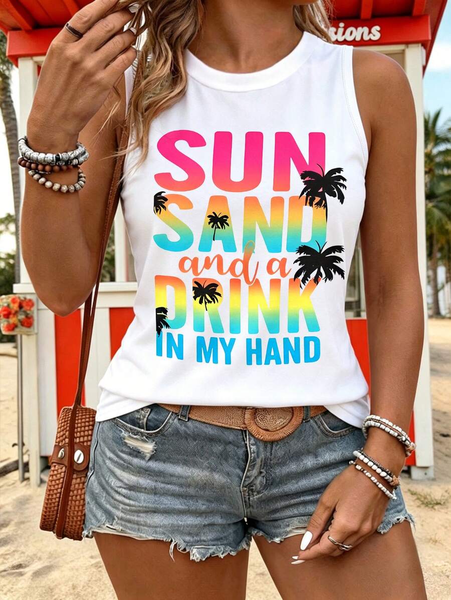 Maweii Plus Size Summer Vacation Letter & Coconut Tree Print Tank Top - White - View 1