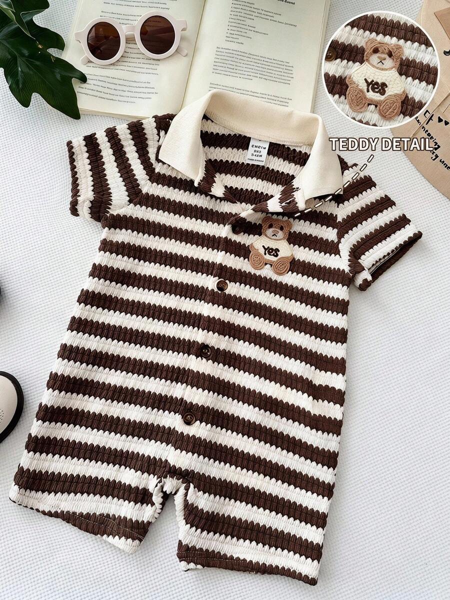 LMoss Kids Baby Boy Knitted Striped Bear Collar Casual Romper - Multicolor - View 1