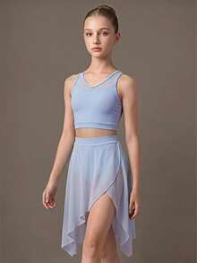 SHEIN Tween Girl Solid Color Tank Top & Skirt Sports Set - Black - View 8
