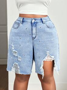 Slaydiva Plus Size Women's Rhinestone Embellished Distressed Pocket Raw Hem Denim Shorts - Blue - View 1