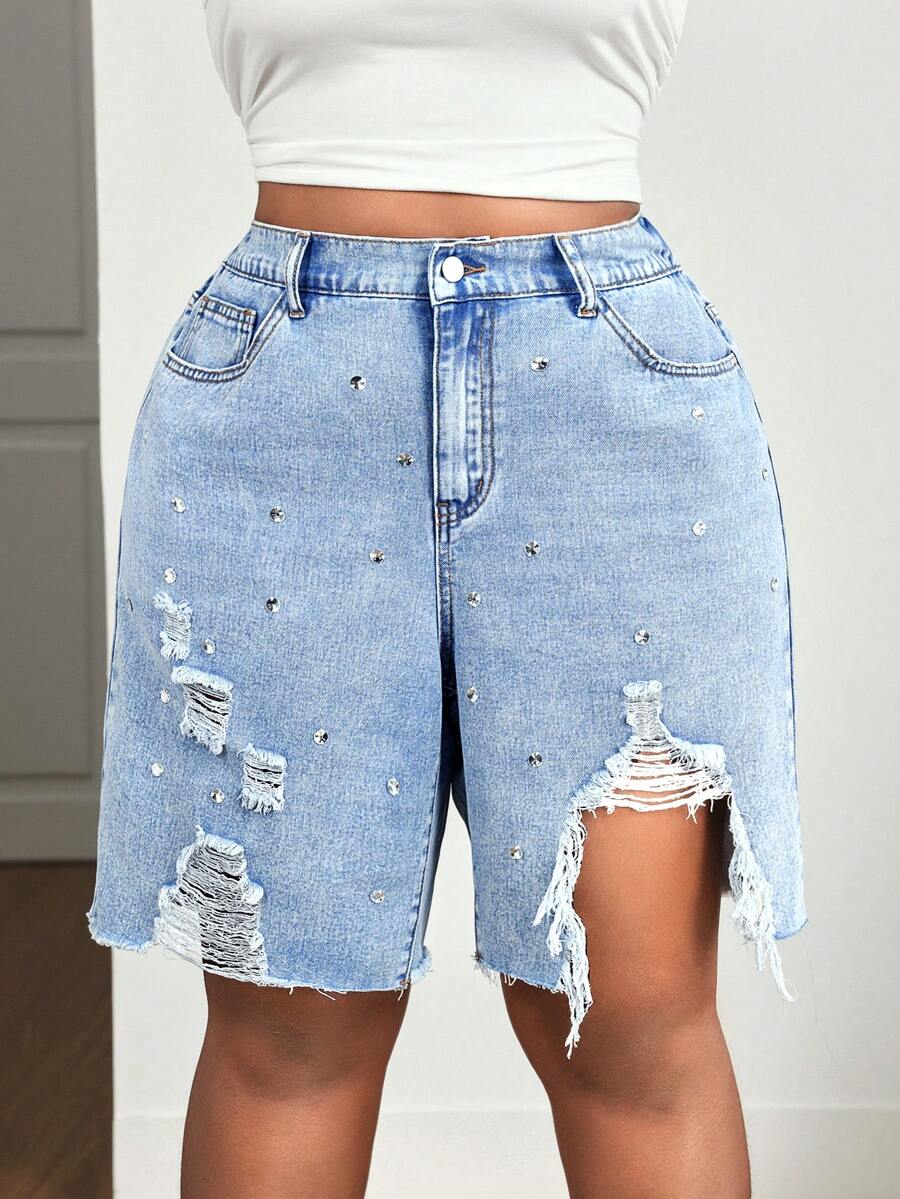 Slaydiva Plus Size Women's Rhinestone Embellished Distressed Pocket Raw Hem Denim Shorts - Blue - View 1