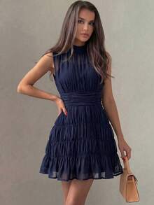 NOVVYNE Black Chiffon Shirred Waist Sleeveless Elegant French Style Vacation Party Dress For Women - Royal Blue - View 4
