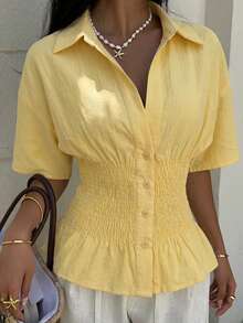 SHEIN EZwear Kemeja Lengan Pendek Kancing Depan Tenun Warna Kuning untuk Wanita, Atasan Musim Panas - Kuning - View 3