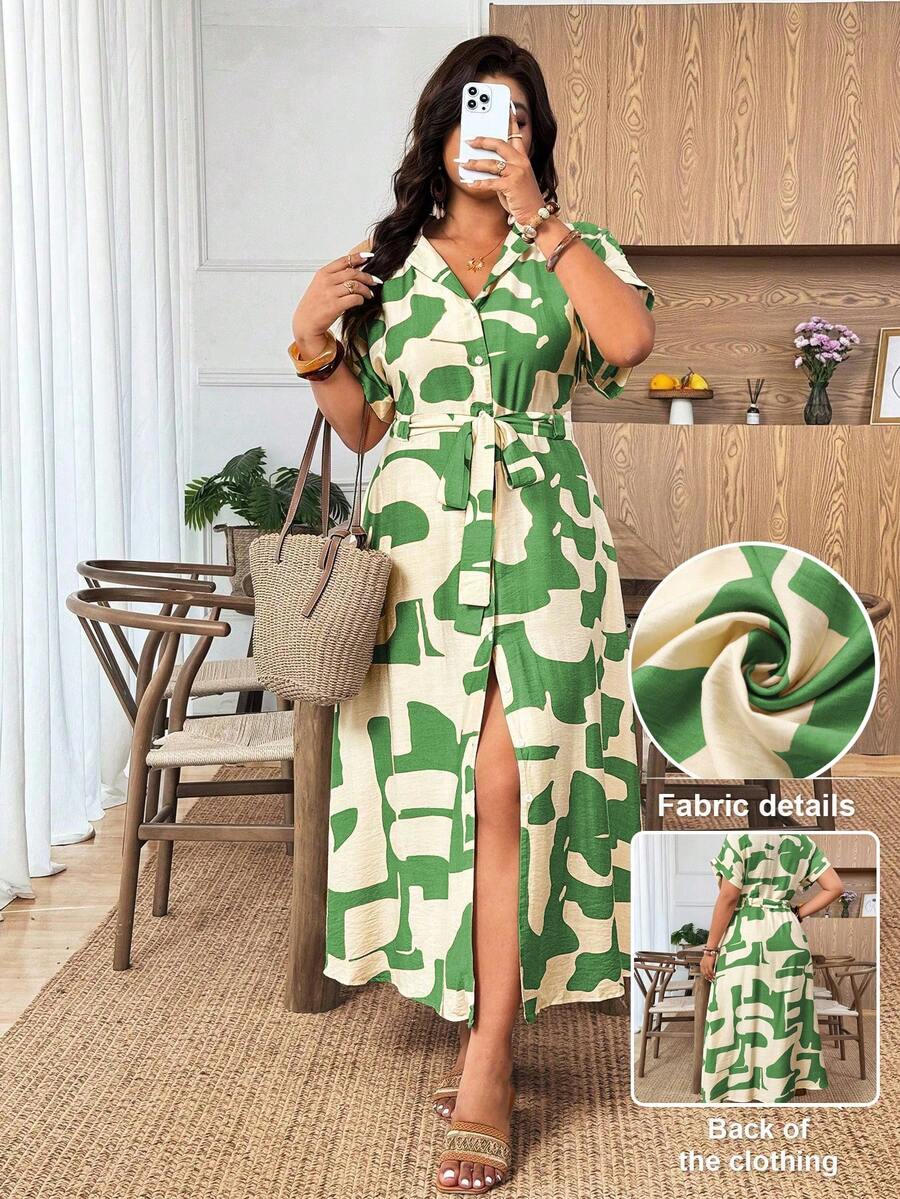 Weeklong Plus Size Women's Color Block Print Shirt Dress, Short Sleeve, Cinched Waist With Belt, Long Length, Spring/Summer, Mature Elegant, Versatile - Green - View 1