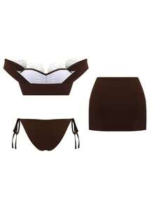 SHEIN Swim 春夏新款女款白色兩件式比基尼套裝，無肩帶性感海灘度假泳衣，適合海灘約會 - 棕色 - 查看 2