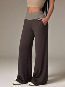 SHEIN PETITE Casual Loose Striped Patchwork Wide Leg Pants - Army Green - View 8