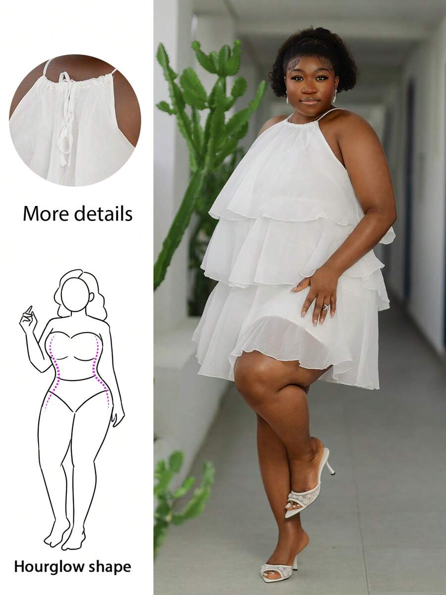 CurvyTilda فستان كيك متعدد الطبقات أنيق مقاس كبير، خفيف الوزن ومنحف، مناسب للمواعيد والتجمعات والحفلات، بدون أكمام للنساء، للربيع والصيف - أبيض - مشاهدة 1
