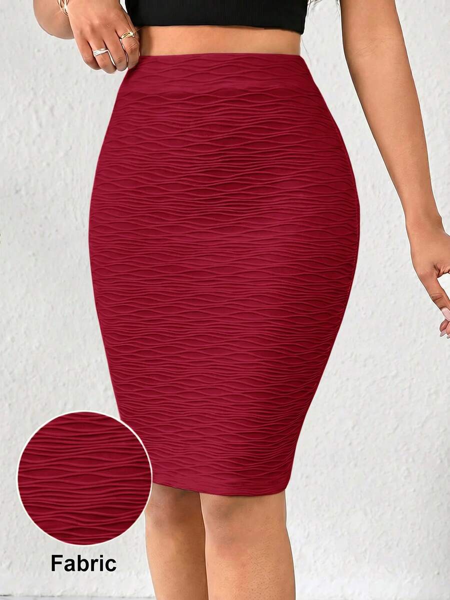 SHEIN Lady Women's Summer Elegant Solid Color Fitted Skirt Party Corporate Dark Red - Burgundy - View 1