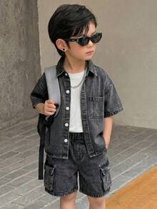 SHEIN 2件套男童灰色牛仔宽松短袖衬衫和短裤套装 - 黑色 - 查看 5