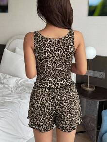 DAZY 2pcs Leopard Print Fitted Tank Top & Loose Short Pajama Pants Summer Sleepwear Set For Women - Brown - View 2