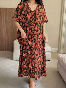 DAZY Leaf Print All-Over V-Neck Short Sleeve Loose Long Dress Summer Outfit Women's Nightgown Pajamas - Orange - View 1