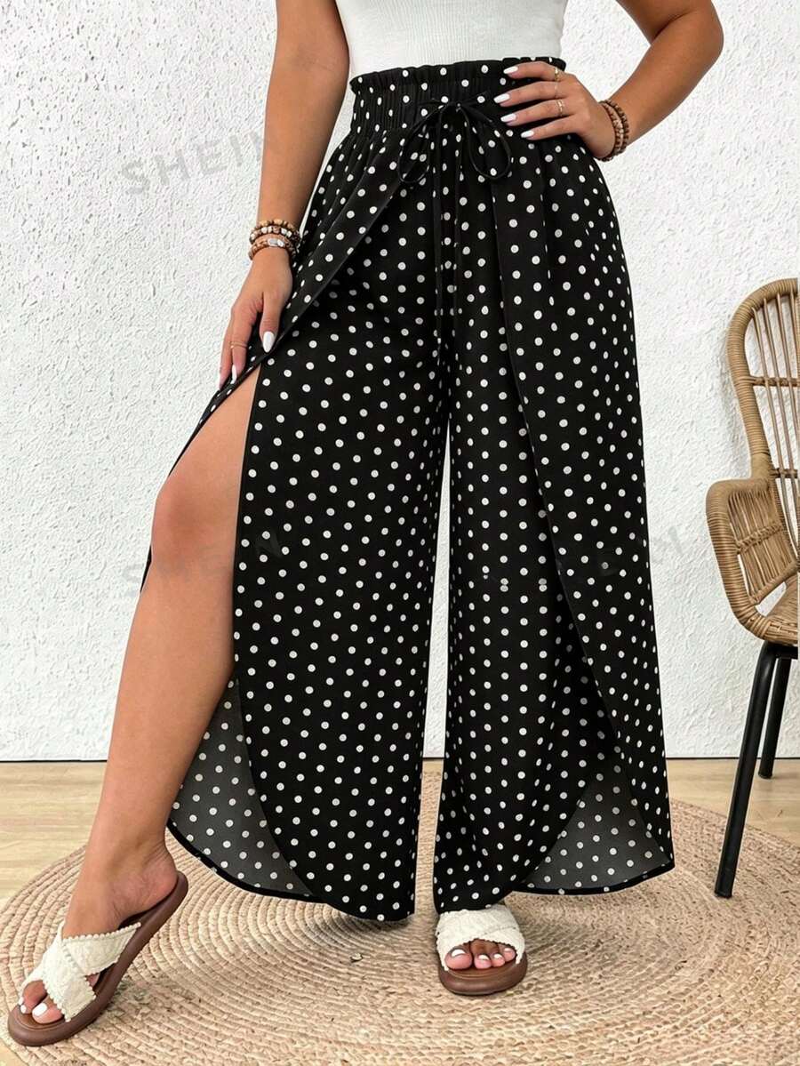 SHEIN Frenchy 休閒度假通勤日常大尺碼女款圓點腰帶開衩寬腿褲