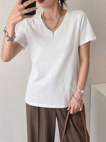 Dazy-Less Summer Casual Versatile Solid Color Short Sleeve T-Shirt - White - View 4
