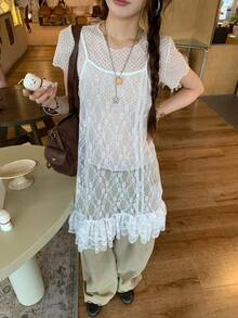 K-Vae Women's Fashion Lace Camisole Top With Ruffle Hem Date White Summer Frenchy Romantic Paris - White - View 1