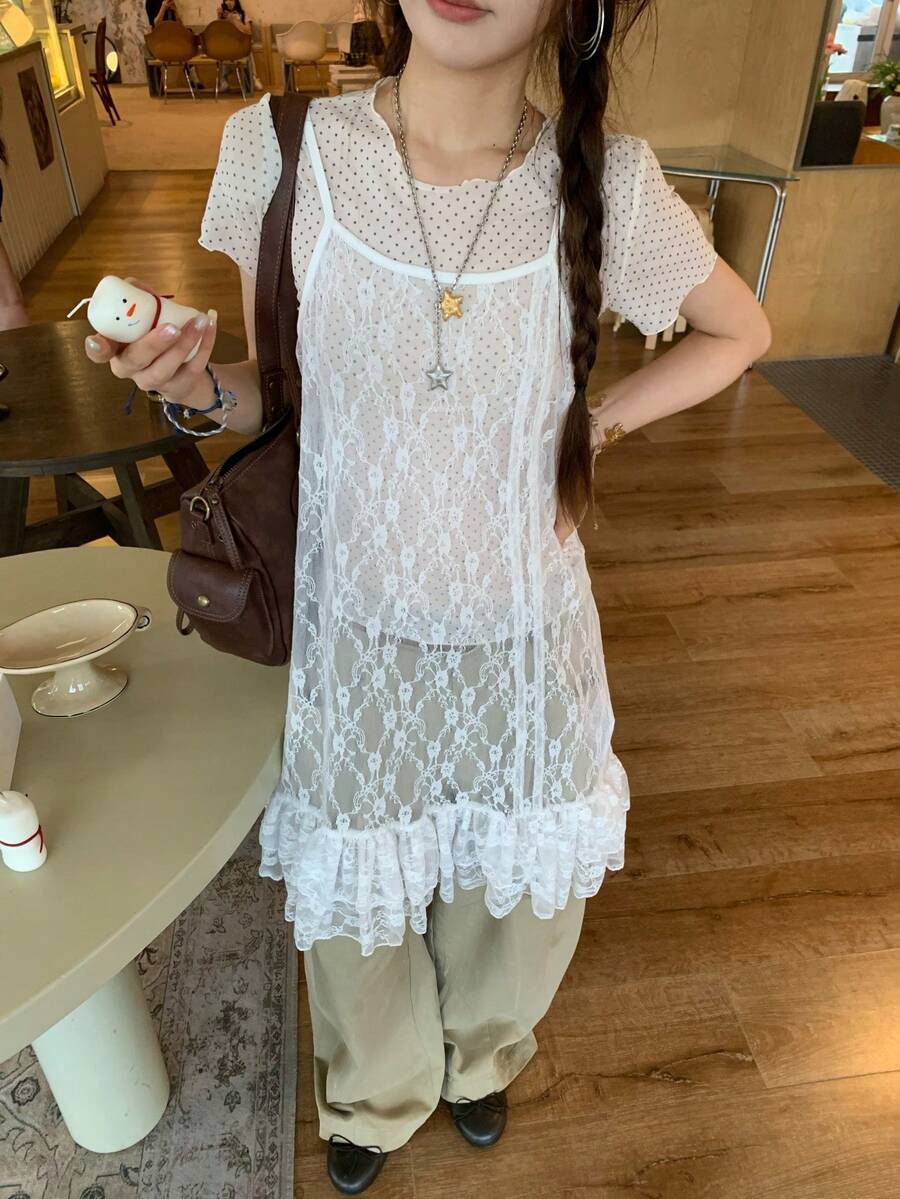 K-Vae Women's Fashion Lace Camisole Top With Ruffle Hem Date White Summer Frenchy Romantic Paris - White - View 1