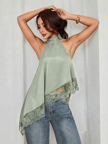 SHEIN PETITE 不對稱高領露背蕾絲飾邊細肩帶上衣，優雅無袖上衣，適合晚宴、雞尾酒會、正式場合、度假、夜生活、婚禮賓客，夏秋穿著，露肩風格 - 軍綠色 - 查看 1
