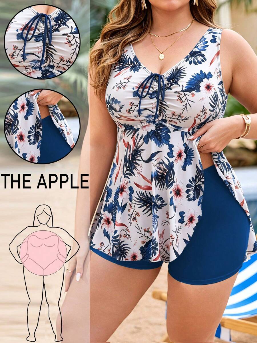 Swim Vcay Conjunto de 2 piezas para mujer talla grande, top de tirantes con estampado aleatorio, cordón frontal, control de abdomen, efecto adelgazante, estilo minimalista, para vacaciones y playa - Multicolor - Ver 1