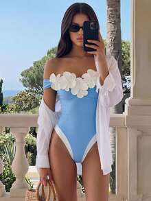 SHEIN Swim 女款度假風針織連身泳衣，3D花朵裝飾與露肩設計，適合派對與海灘 - 彩色 - 查看 4