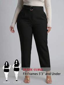 SHEIN PETITE CURVE Plus Size Solid Color Minimalist Pleated Summer Casual Versatile Long Pants - Black - View 2