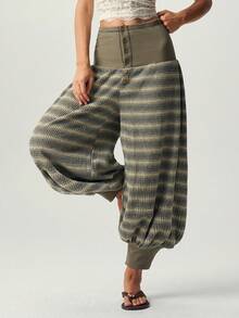 Bohemela Casual Solid Color Knit Loose Fit Women's Long Pants - Army Green - View 3