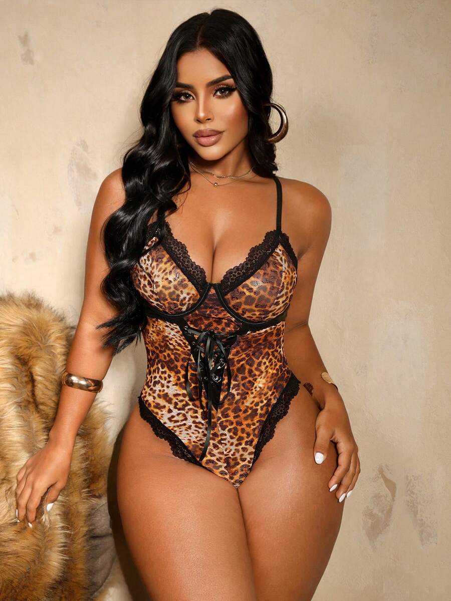 SHEIN Standard Size Animal Print Sexy Wild Lace Print Jumpsuit One Piece - Multicolor - View 1