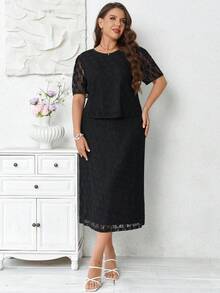 Miaspire Plus Size Women's Summer Elegant Casual Lace Blouse And Skirt 2-Piece Set, Black - Black - View 8