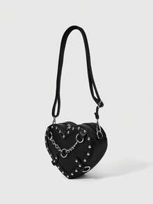 ROMWE Grunge Punk Women's PU Slanted Shoulder Love Skull Rivet Chain Punk Fashion Shoulder Bag - Black - View 2