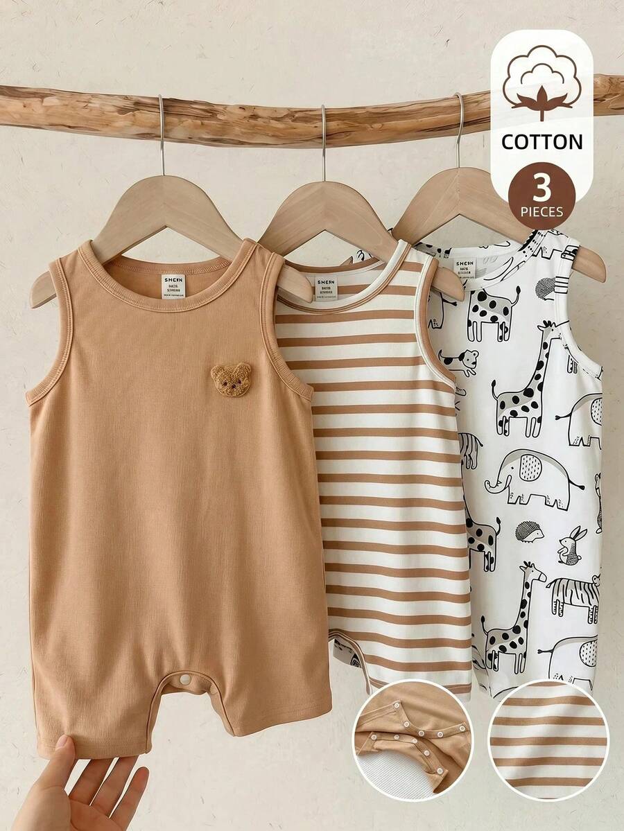 LMoss Kids 3pcs/Set Baby Unisex Solid Color Soft Knit Sleeveless Romper Set - Multicolor - View 1
