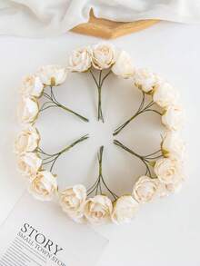 1 Bouquet (6 Pcs) Artificial Mini Rose Buds, Letter DIY Wreath Materials, Candy Box Accessories, Home Wedding Decor, Bride Wrist Corsage, Chest Flower, Headpiece Materials, Valentine's Day, New Year, Birthday Party, Cake Decorations - Beige - View 4