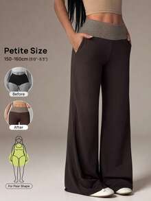 SHEIN PETITE Casual Loose Striped Patchwork Wide Leg Pants - Army Green - View 3