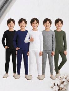 SHEIN 青少年男孩簡約舒適圓領標準肩長袖T恤與長褲套裝，親膚柔軟高彈修身睡衣家居服，4件組 - 彩色 - 查看 4