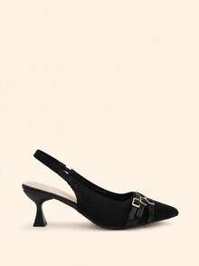 CUCCOO BASICS 女款尖頭細高跟黑色針織後綁帶多條帶時尚通勤百搭高跟鞋 Slingback 露跟鞋 - 飛織黑色 - 查看 2