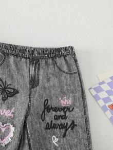 SHEIN 女嬰針織寬鬆直筒長褲，適合戶外運動與休閒穿著 - 灰色 - 查看 5
