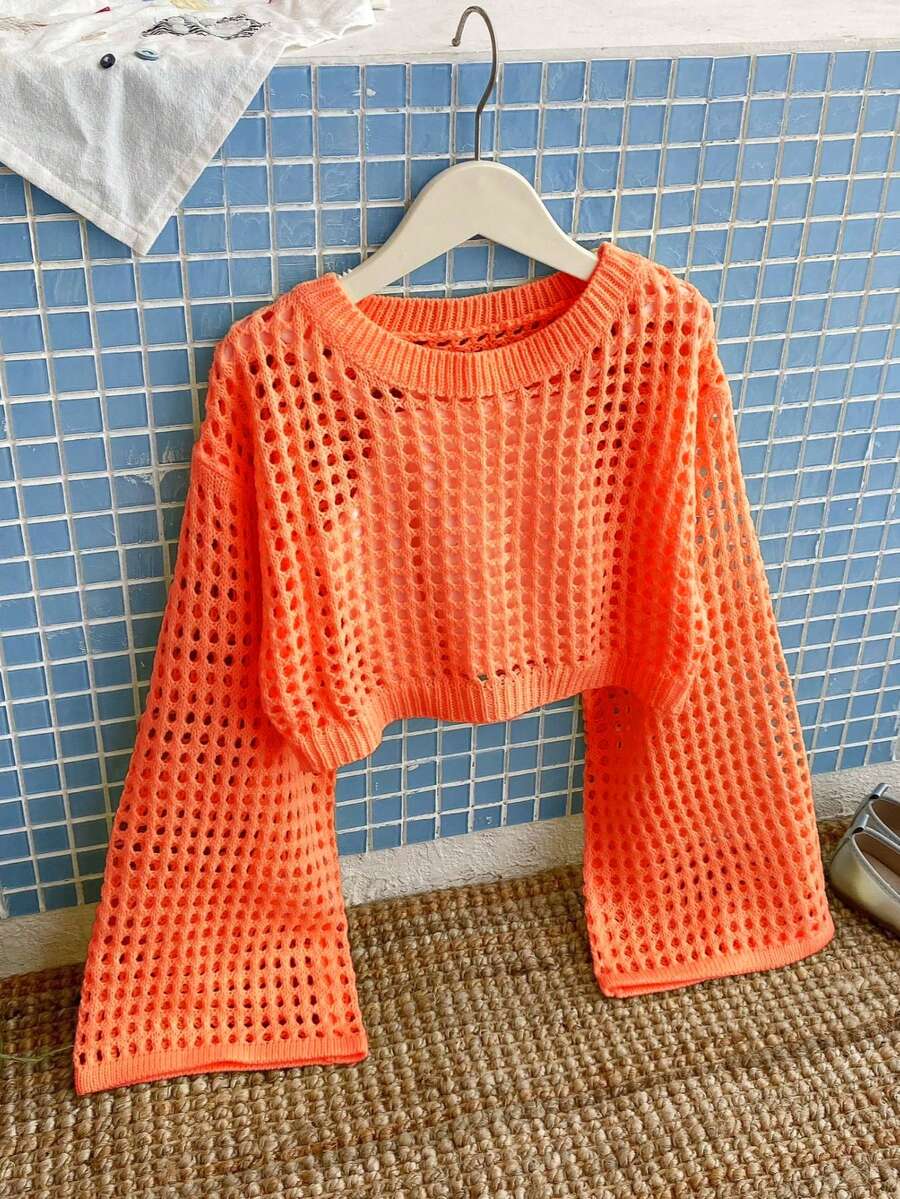 Elladie kids 少女純色圓領鏤空休閒百搭長袖針織衫 - 橘色 - 查看 1