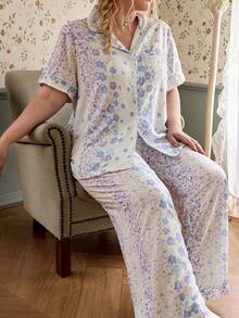 CottageSlumber Romantic Pastoral Floral & Plaid Print Plus Size Pajama Set - Multicolor - View 5