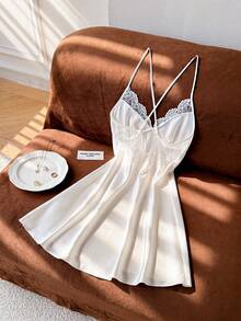 Moireta Solid Color Splice Lace & Satin Cami Pajama Slip Dress Luxeloungewear - White - View 3