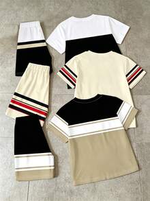 3件組男童夏季休閒短袖套裝，歐英風配色拼接條紋皇冠字母印花短袖T恤與短褲2件組，圓領套頭短袖上衣+直筒運動短褲，多款風格適合外出，兒童夏季穿搭，帥氣馬術騎士刺繡印花寬鬆運動套裝 - 彩色 - 查看 8