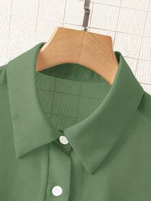 Franclia Camisa básica minimalista de unicolor transparente con cuello vuelto - Verde militar - Ver 4