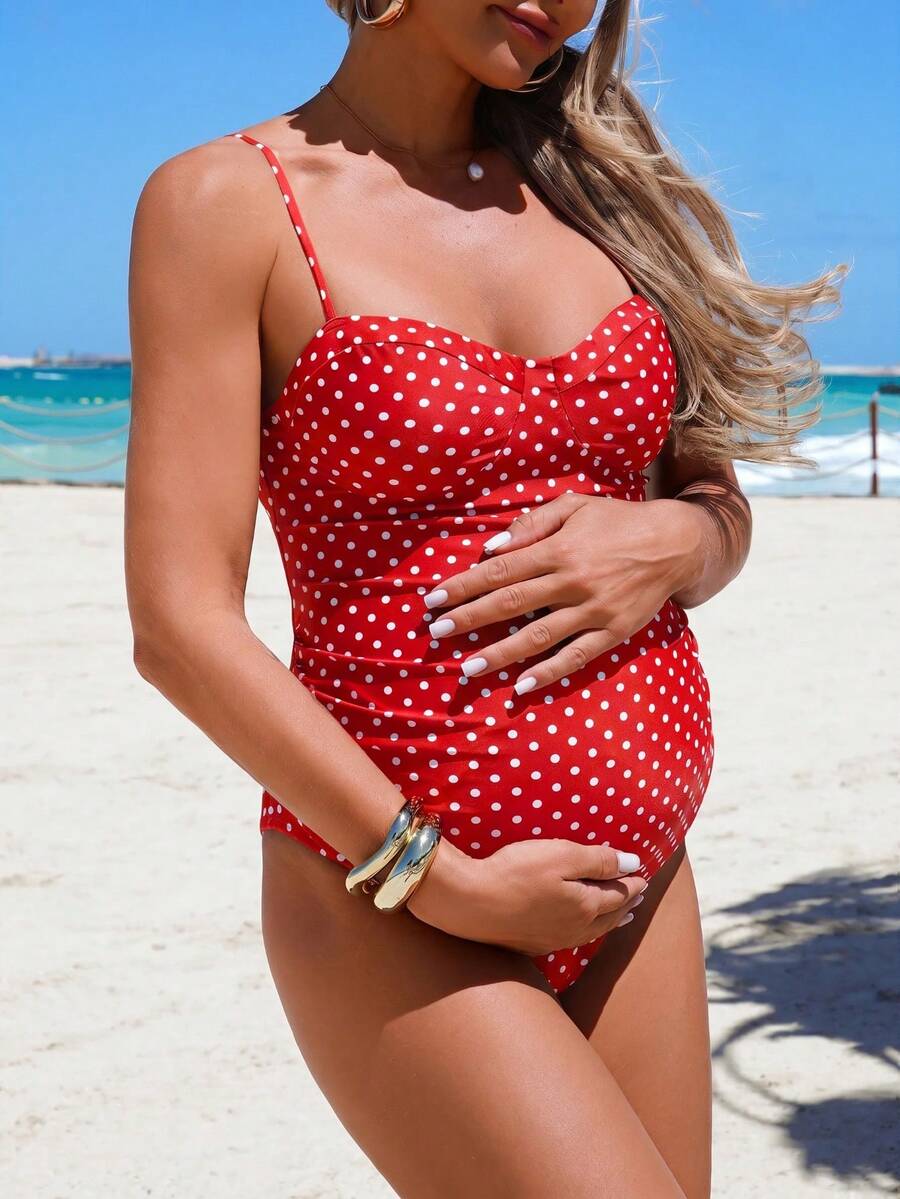 SHEIN 26SS 夏季海灘度假復古波點鋼圈基本款休閒孕婦連身泳衣 - 紅色 - 查看 1