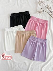 Vintaside Kids Young Girls 5pcs Set Summer Ribbed Multi-Color Simple Versatile Casual Base Shorts, Suitable For Leisure Time, Daily Wear, Outings - Multicolor - View 1