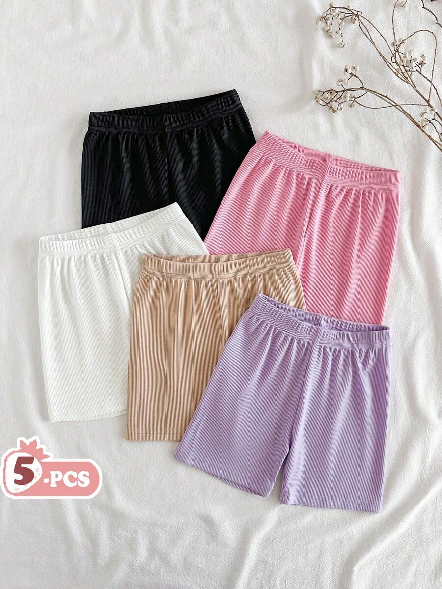 Vintaside Kids Young Girls 5pcs Set Summer Ribbed Multi-Color Simple Versatile Casual Base Shorts, Suitable For Leisure Time, Daily Wear, Outings - Multicolor - View 1