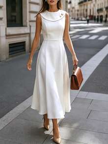 Pariaura Women's Premium White Sleeveless Dress, Versatile For Daily Commute Office Tea Party, Outings And Dates Teachers' Day Wedding Summer French Elegant - Beige - View 4